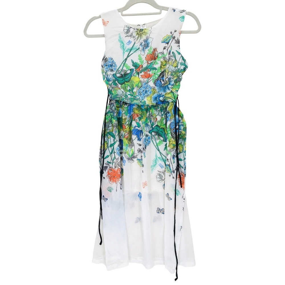 Alythea White Floral Butterfly Sleeveless Dress Sheer Open Corset Sides Bohemian